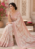 Pastel Ivory Pink Kashmiri Work Saree with Swarovski Stone Work on Georgette