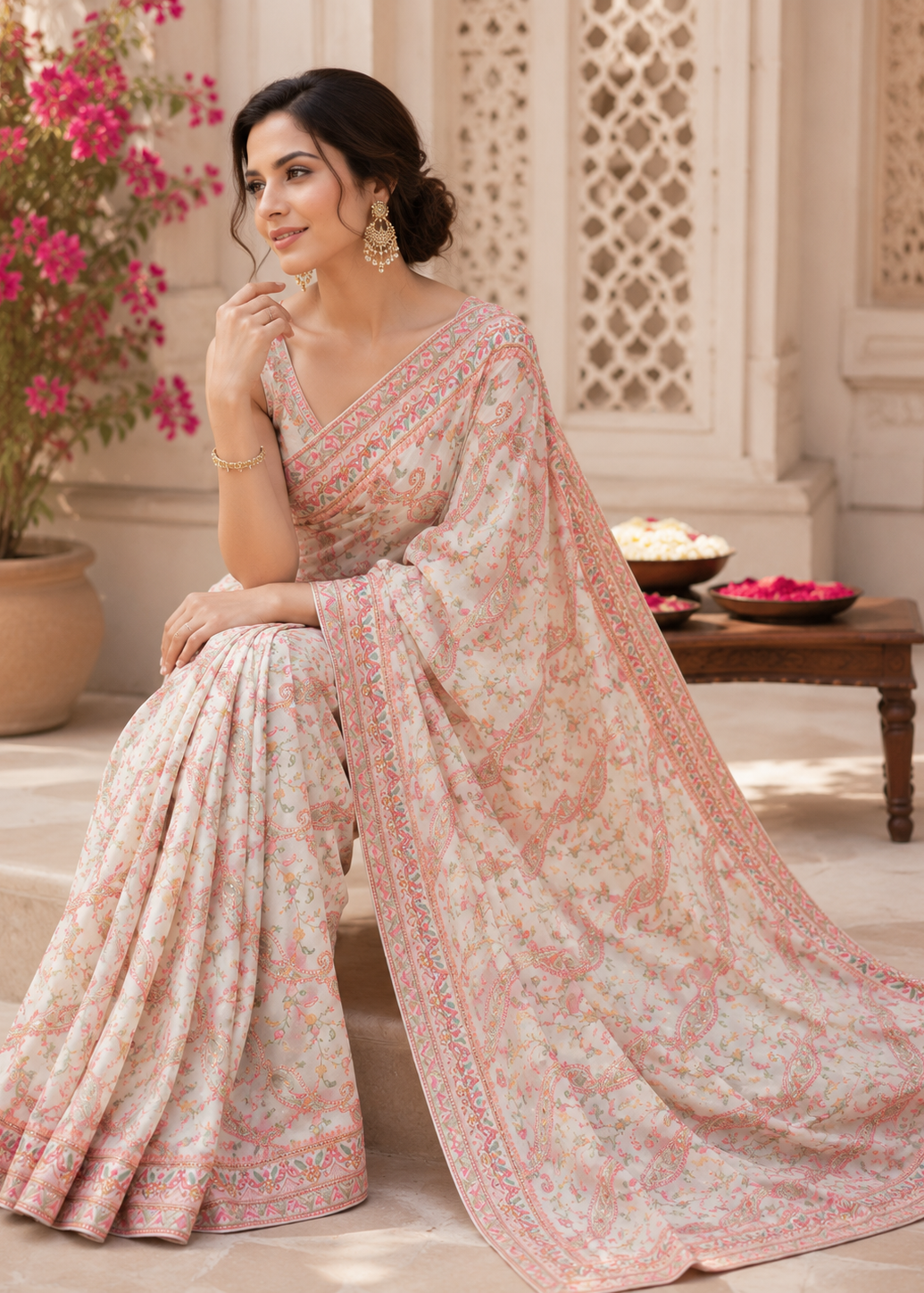 Pastel Ivory Pink Kashmiri Work Saree with Swarovski Stone Work on Georgette