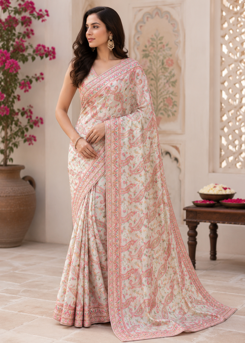 Woman wearing a pink floral saree in an indoor setting with decorative elements.