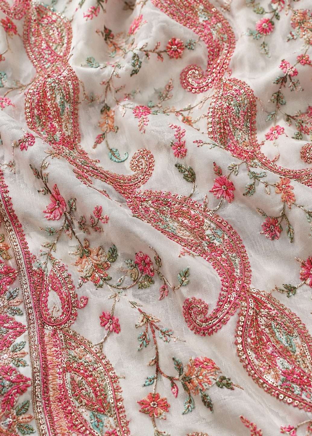 Pastel Ivory Pink Kashmiri Work Saree with Swarovski Stone Work on Georgette