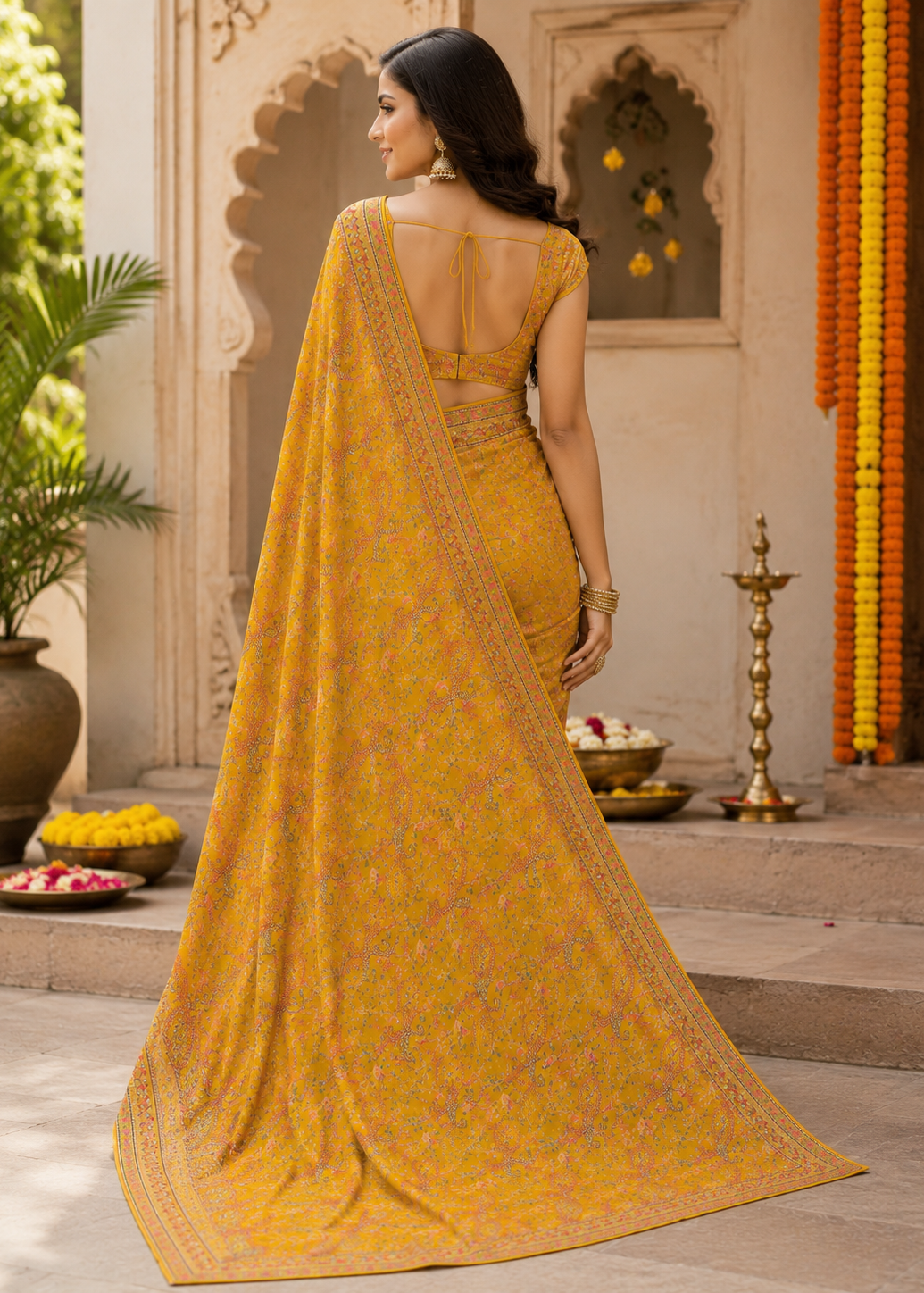 Royal Mustard Kashmiri Work Saree with Swarovski Stone Work on Georgette