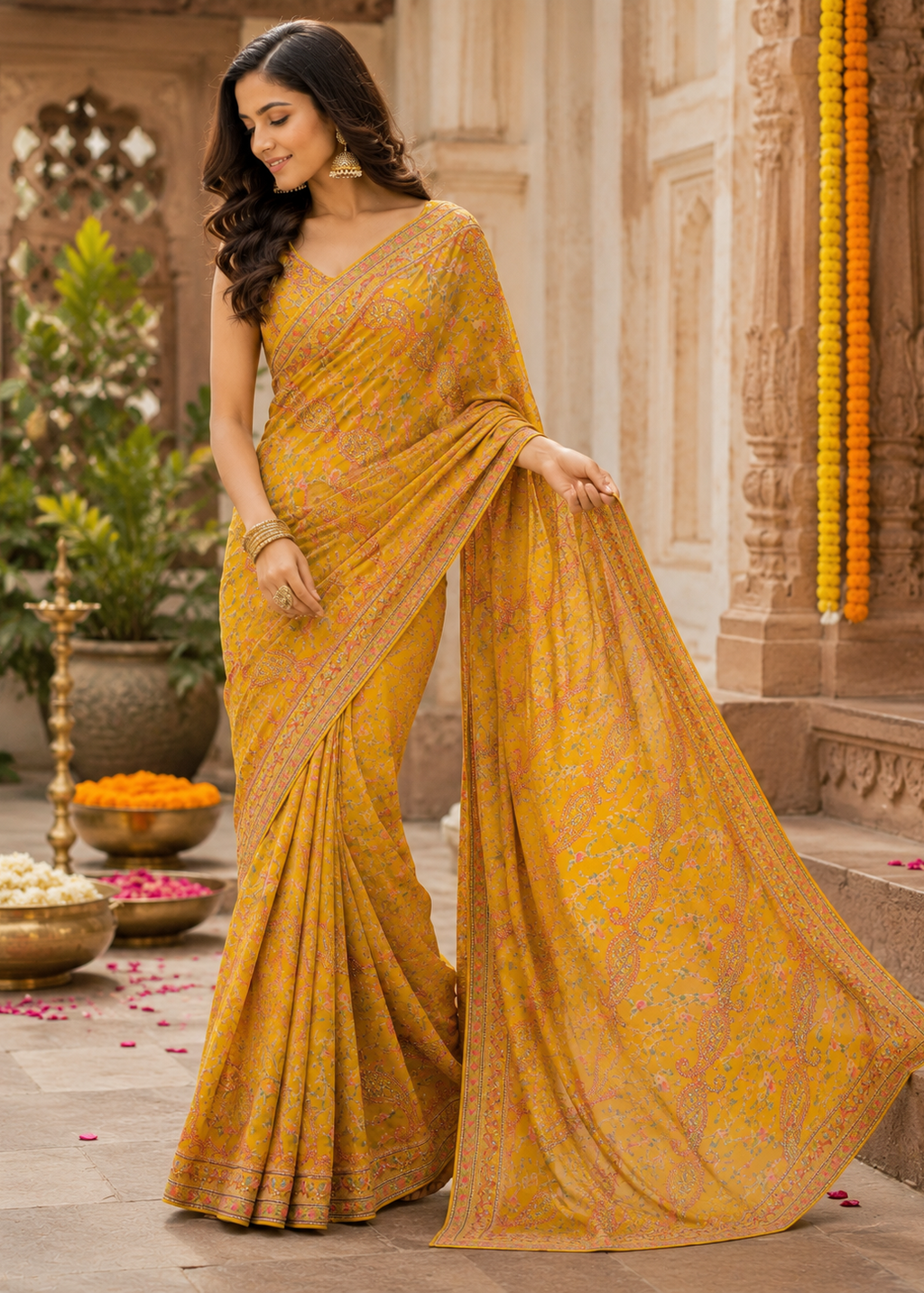 Woman in a yellow saree standing in an outdoor setting with decorative elements.