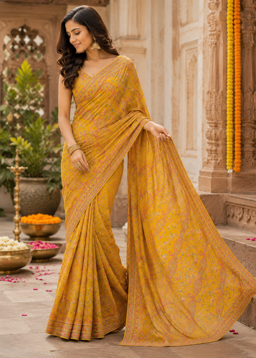 Woman in a yellow saree standing in an outdoor setting with decorative elements.