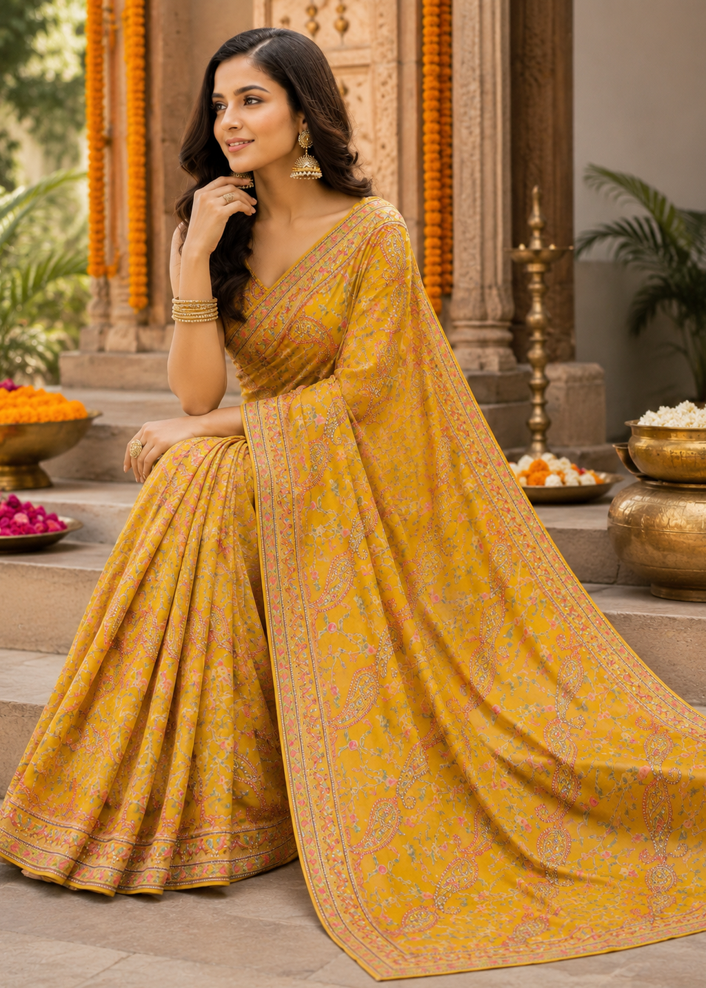 Woman in a yellow saree with a traditional setting