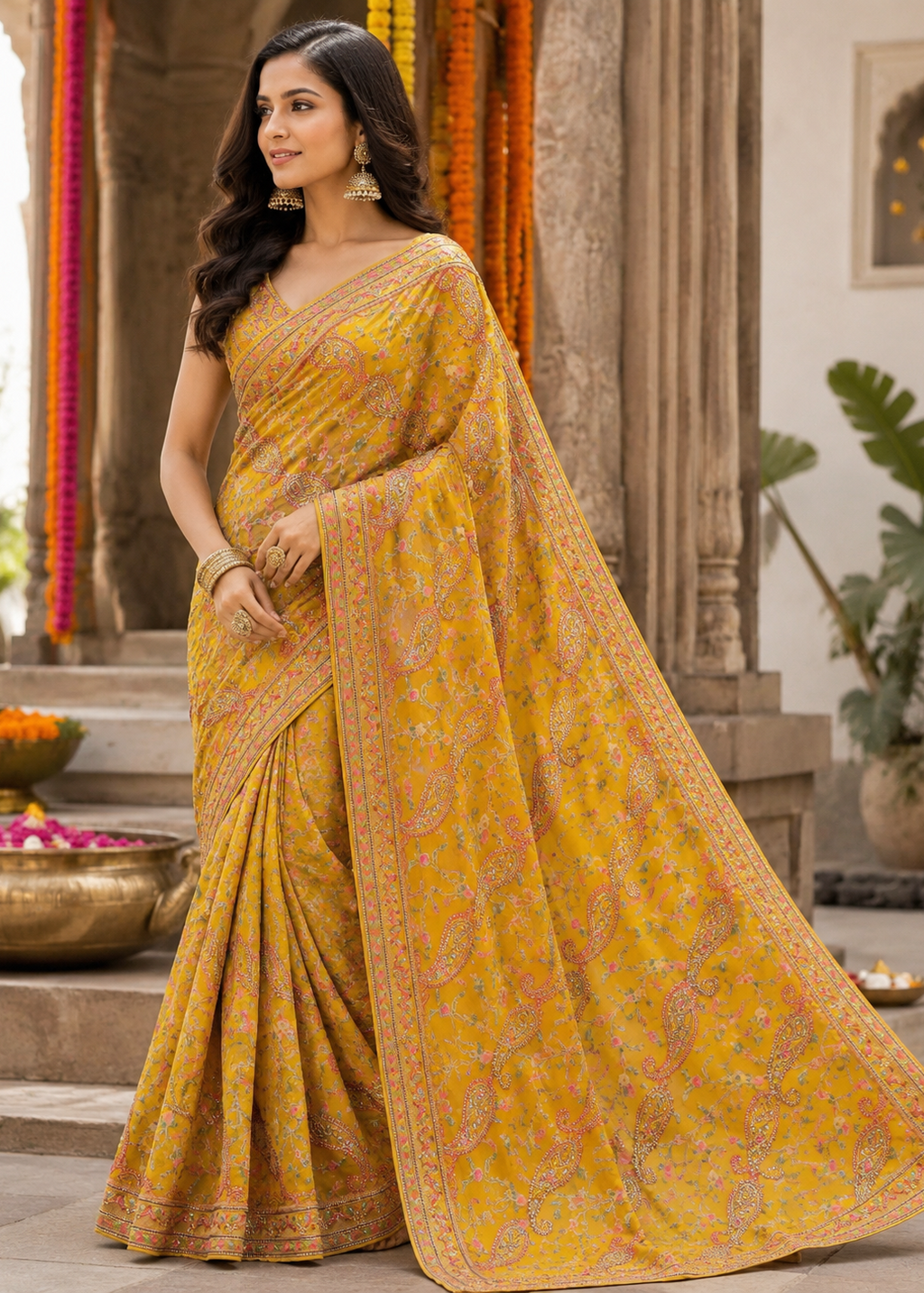 Woman in a yellow saree with a pattern, standing in an outdoor setting with decorative elements.