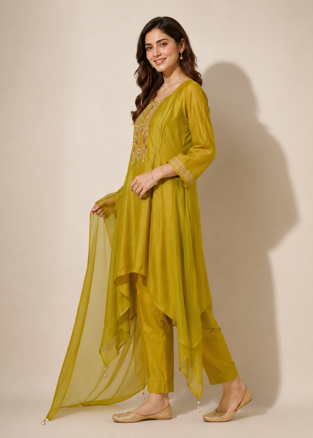 A woman modeling a mustard yellow ethnic suit set featuring a long kurta with gold embroidery, matching pants, and a sheer dupatta, set against a plain beige studio background.