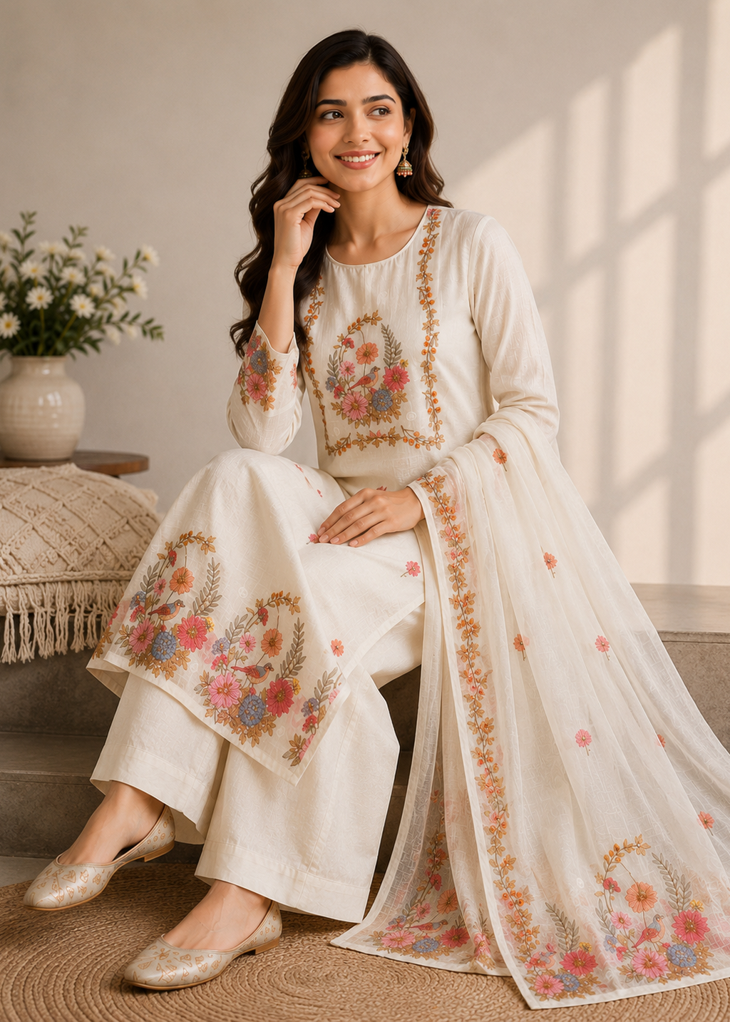 A woman models a traditional Indian salwar kameez suit in off-white with colorful floral embroidery. The outfit includes a long-sleeved tunic with embroidered details, matching wide-leg trousers, and a sheer embroidered dupatta.