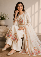 A woman models a traditional Indian salwar kameez suit in off-white with colorful floral embroidery. The outfit includes a long-sleeved tunic with embroidered details, matching wide-leg trousers, and a sheer embroidered dupatta.