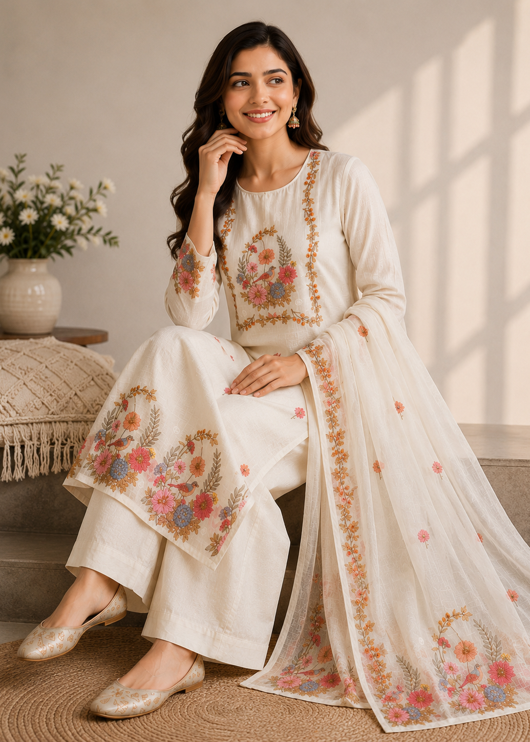 A woman models a traditional Indian salwar kameez suit in off-white with colorful floral embroidery. The outfit includes a long-sleeved tunic with embroidered details, matching wide-leg trousers, and a sheer embroidered dupatta.
