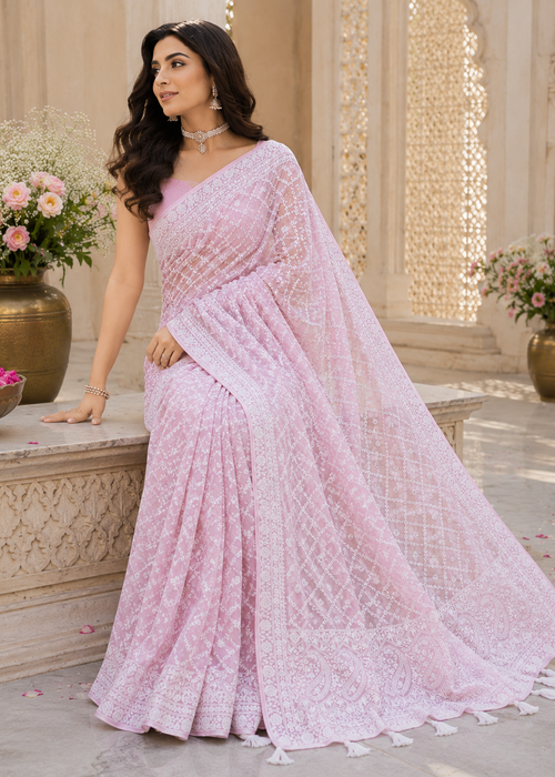 Allover Lucknowi Chikankari Pink Georgette Saree with Elegant Tassel Border