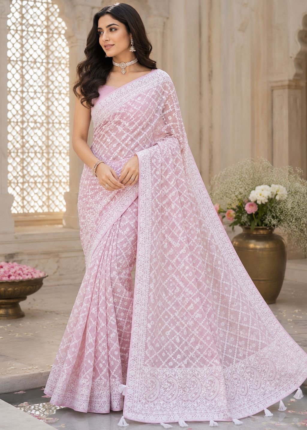 Woman wearing a pink saree with a white background