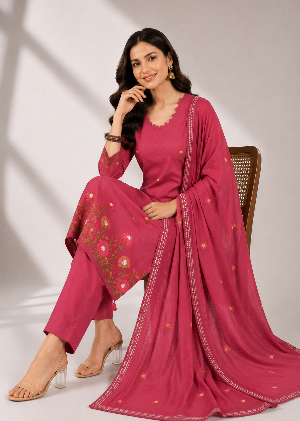 A woman models a three-piece magenta pink ethnic salwar kameez suit with floral embroidery on the leg and a matching dupatta draped over her lap, seated on a wooden chair against a neutral studio background.