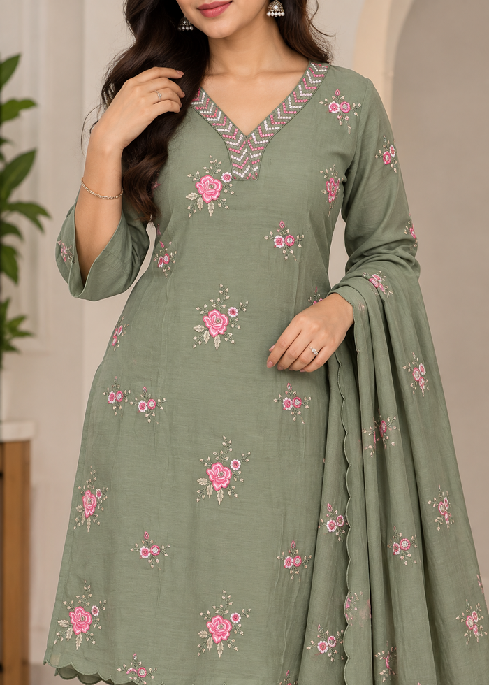 Sage Green Mal Chanderi Floral Embroidered 3-Piece Suit Set