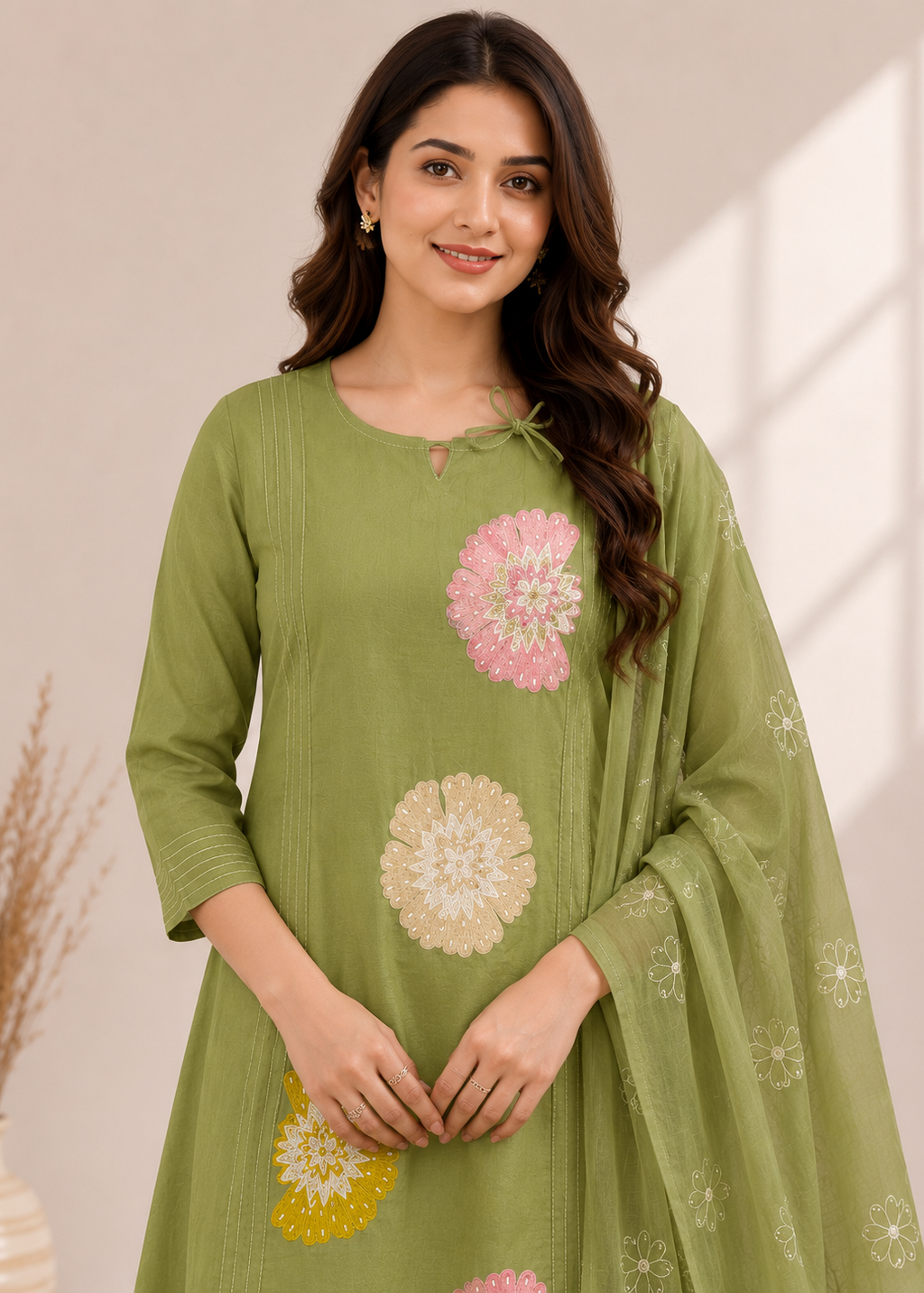 A woman modeling a sage green three-piece salwar kameez set with floral embroidery. The set includes a kurta with pink, beige, and yellow floral motifs, a matching dupatta with white floral prints, and a small tie at the collar.