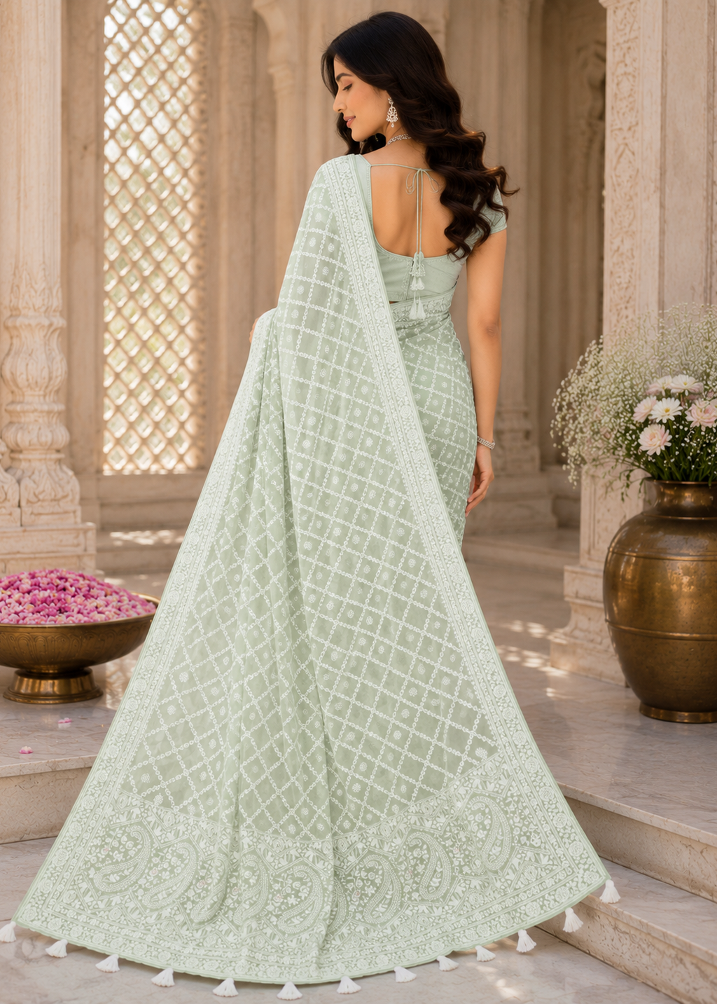 Pastel Mint Green Lucknowi Chikankari Saree In Georgette