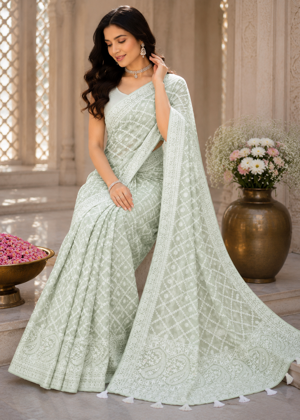 Pastel Mint Green Lucknowi Chikankari Saree In Georgette