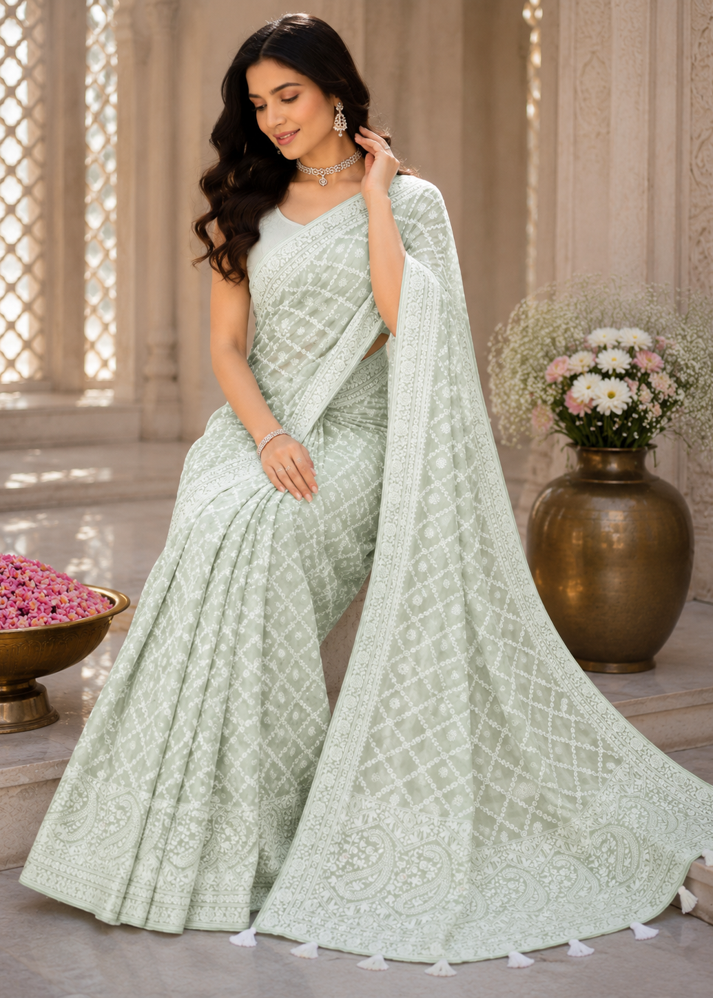 Pastel Mint Green Lucknowi Chikankari Saree In Georgette
