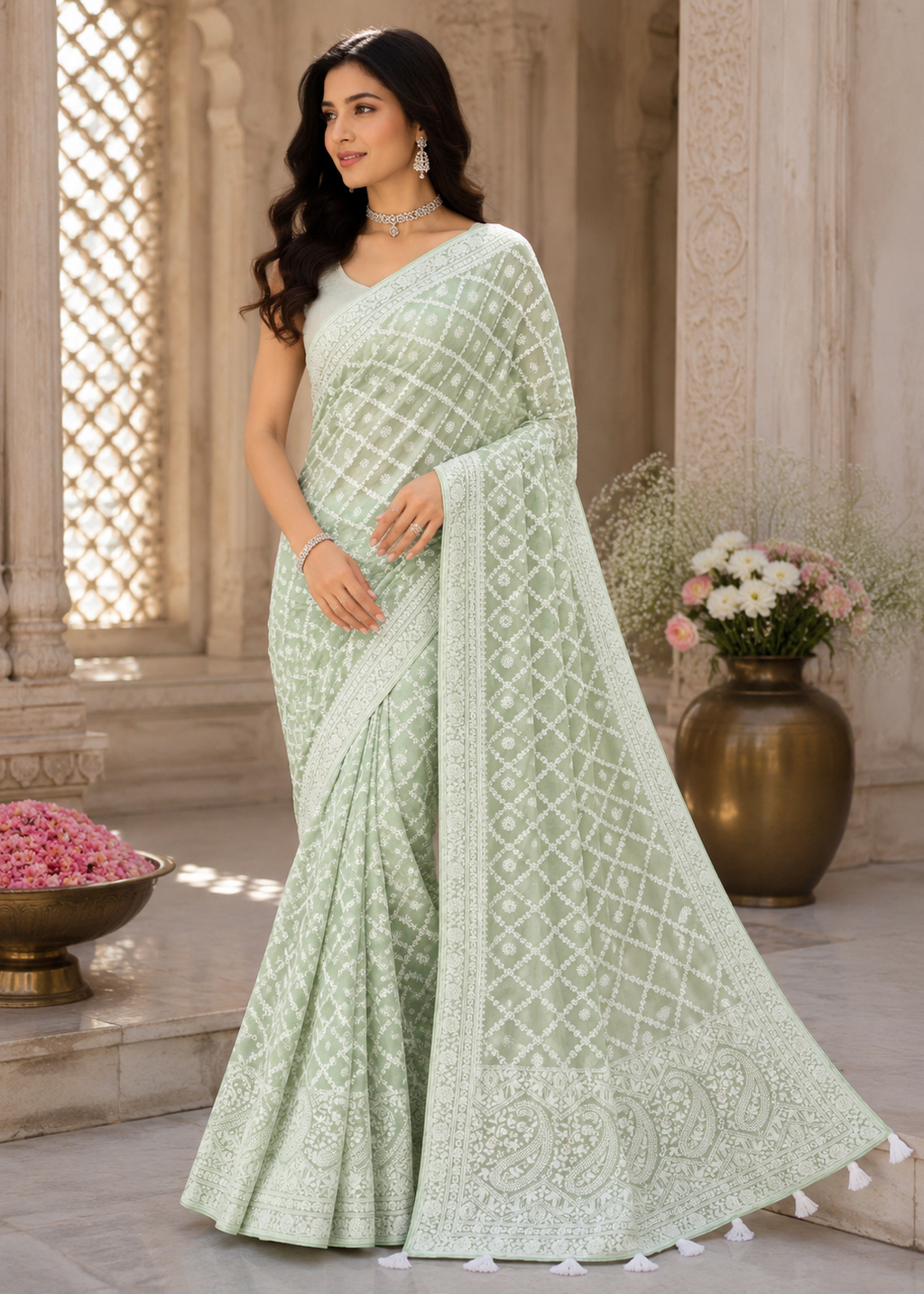 Pastel Mint Green Lucknowi Chikankari Saree In Georgette
