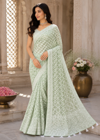 Pastel Mint Green Lucknowi Chikankari Saree In Georgette