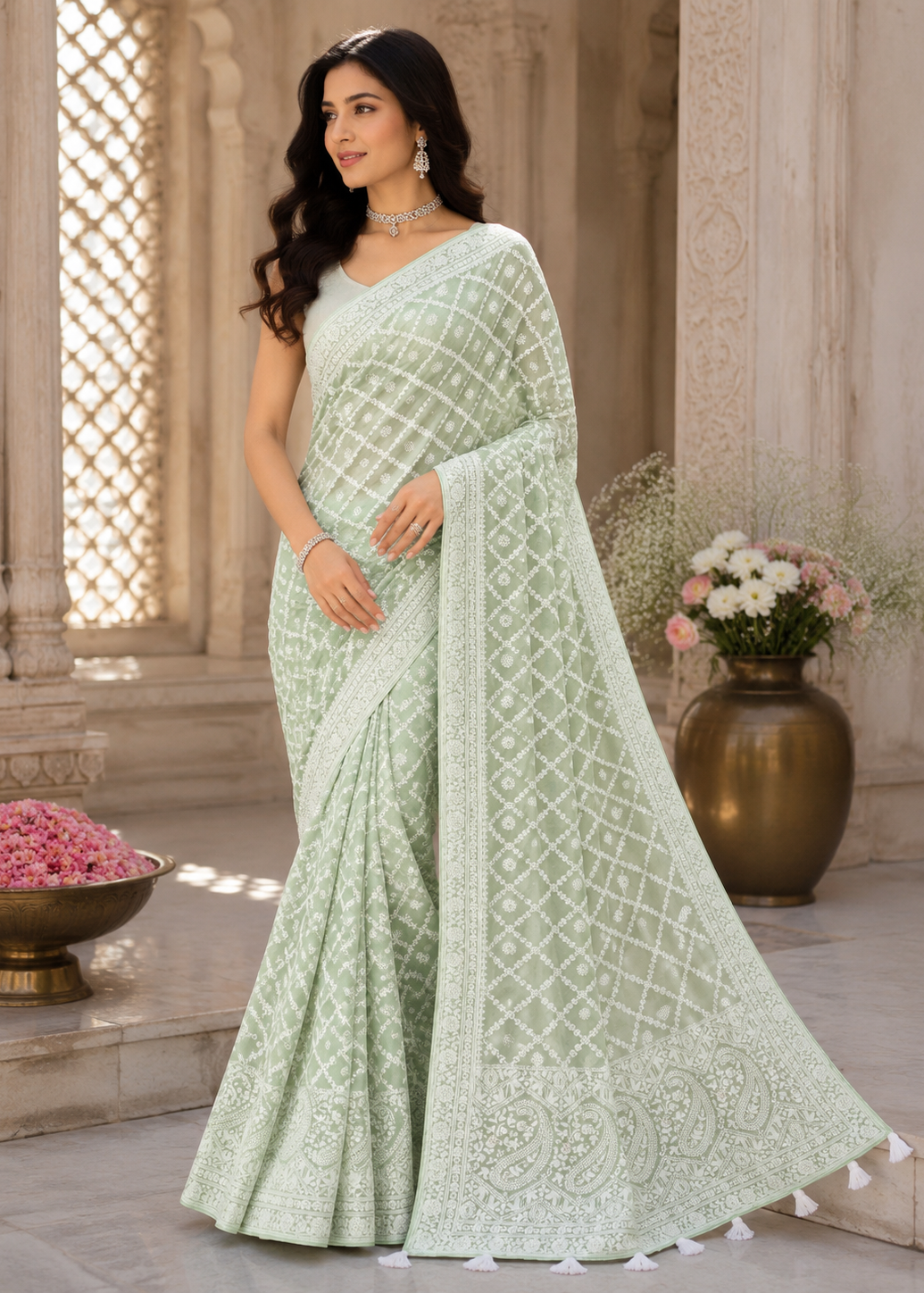 Pastel Mint Green Lucknowi Chikankari Saree In Georgette