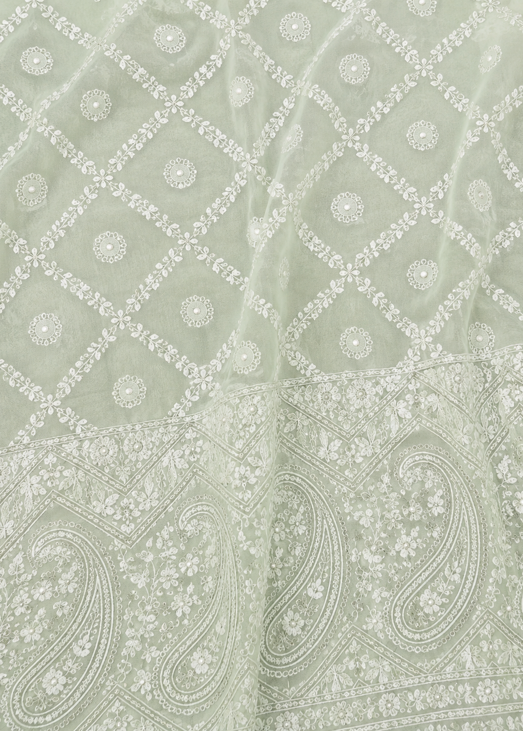 Pastel Mint Green Lucknowi Chikankari Saree In Georgette