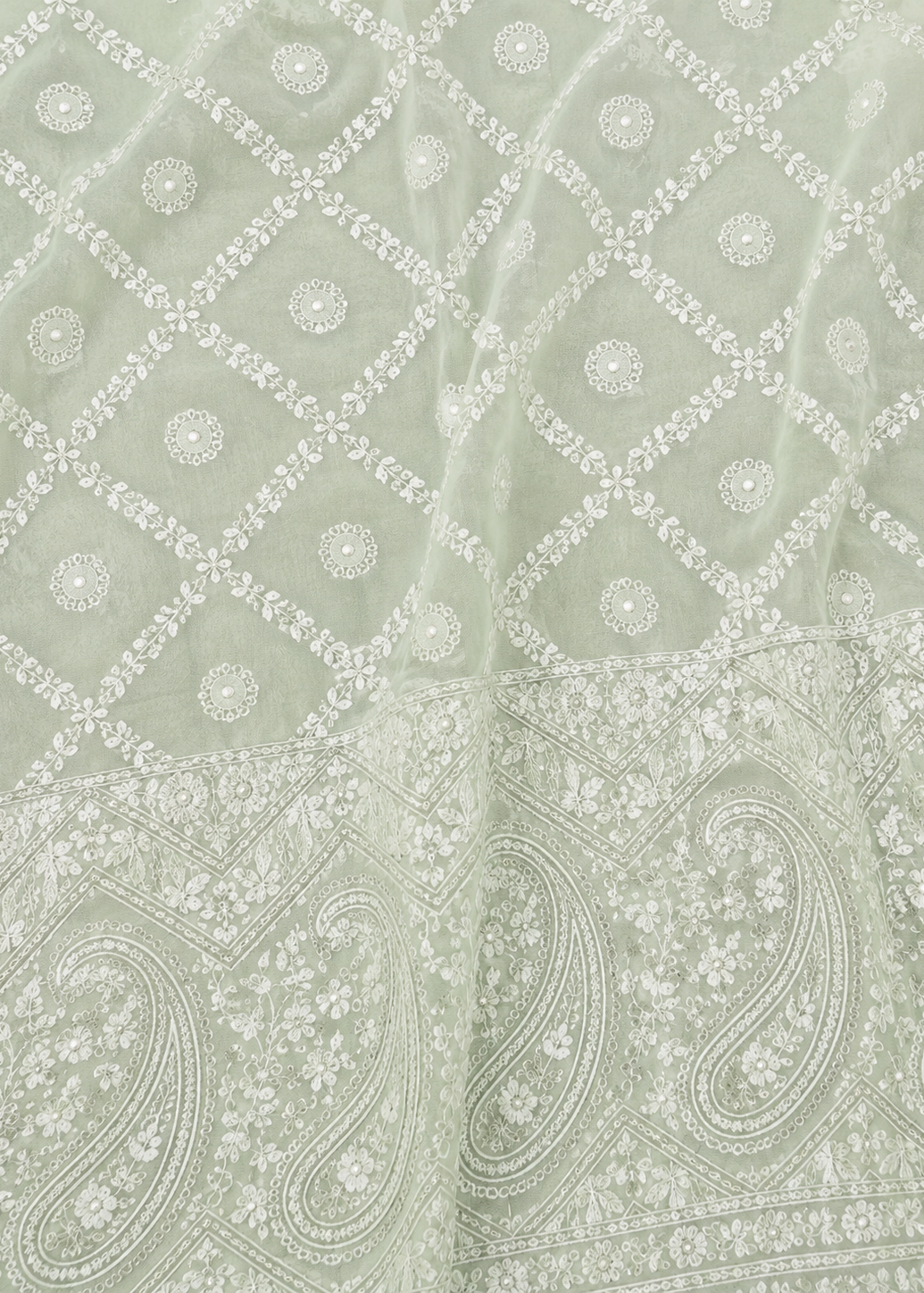 Pastel Mint Green Lucknowi Chikankari Saree In Georgette