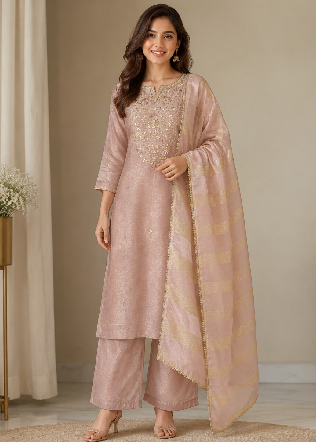A woman models a light pink traditional Indian outfit with matching wide-leg trousers and a sheer dupatta featuring gold stripes and embroidery, set against a neutral beige background.
