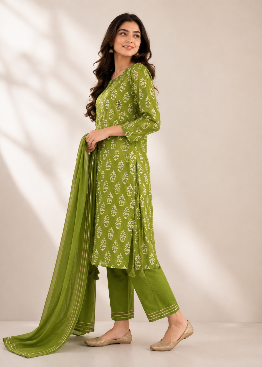 A woman modeling a green salwar kameez suit with white block prints and a matching green dupatta, standing against a warm beige studio backdrop with soft leaf shadows.