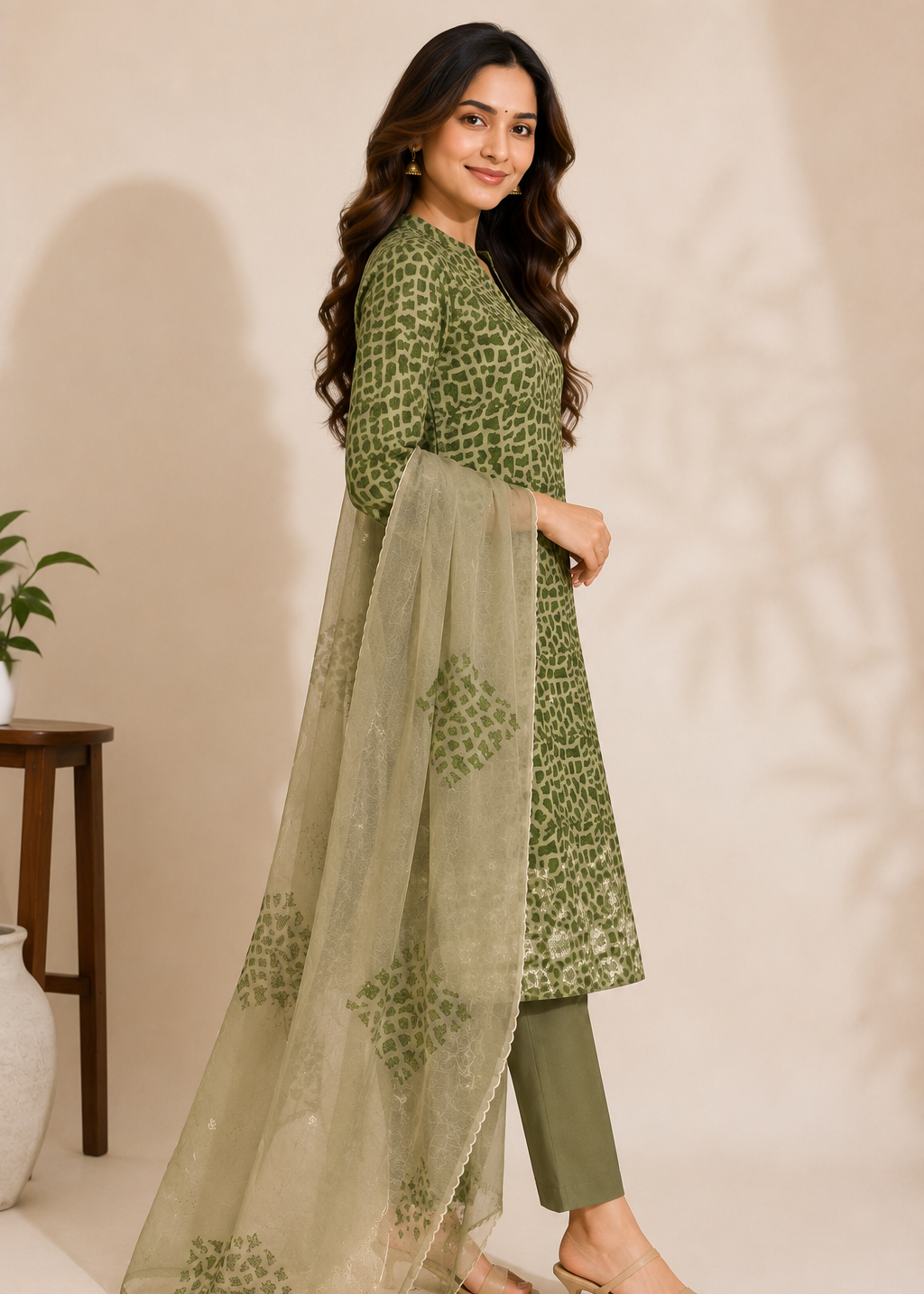A woman modeling a three-piece olive green ethnic suit set, featuring a printed kurta, matching trousers, and a sheer printed dupatta, set against a warm beige background.