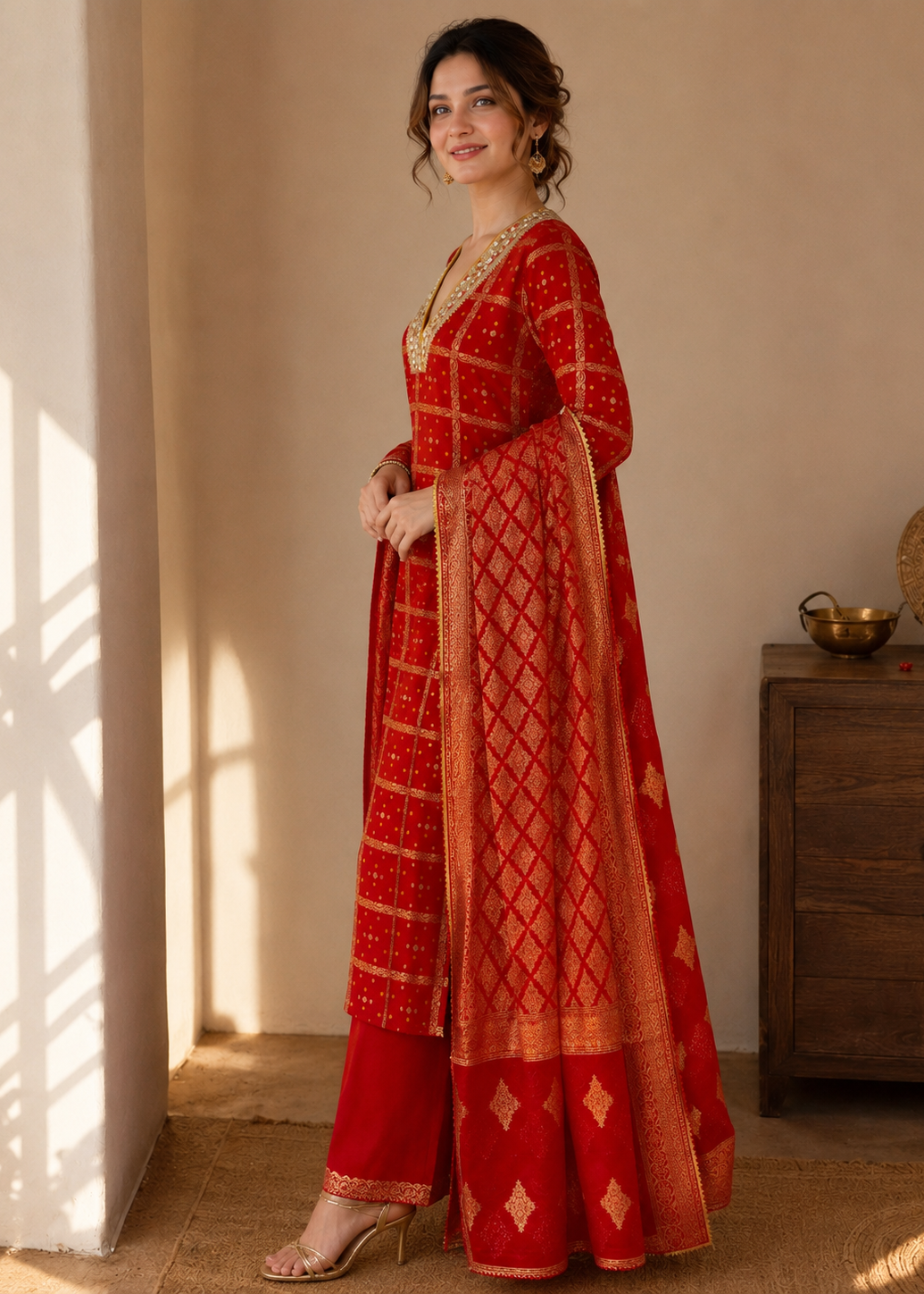 A woman models a traditional Indian outfit consisting of a red anarkali kurta with gold embroidery, matching red trousers, and a red dupatta with gold geometric patterns, set against a warm beige wall with soft window shadows.