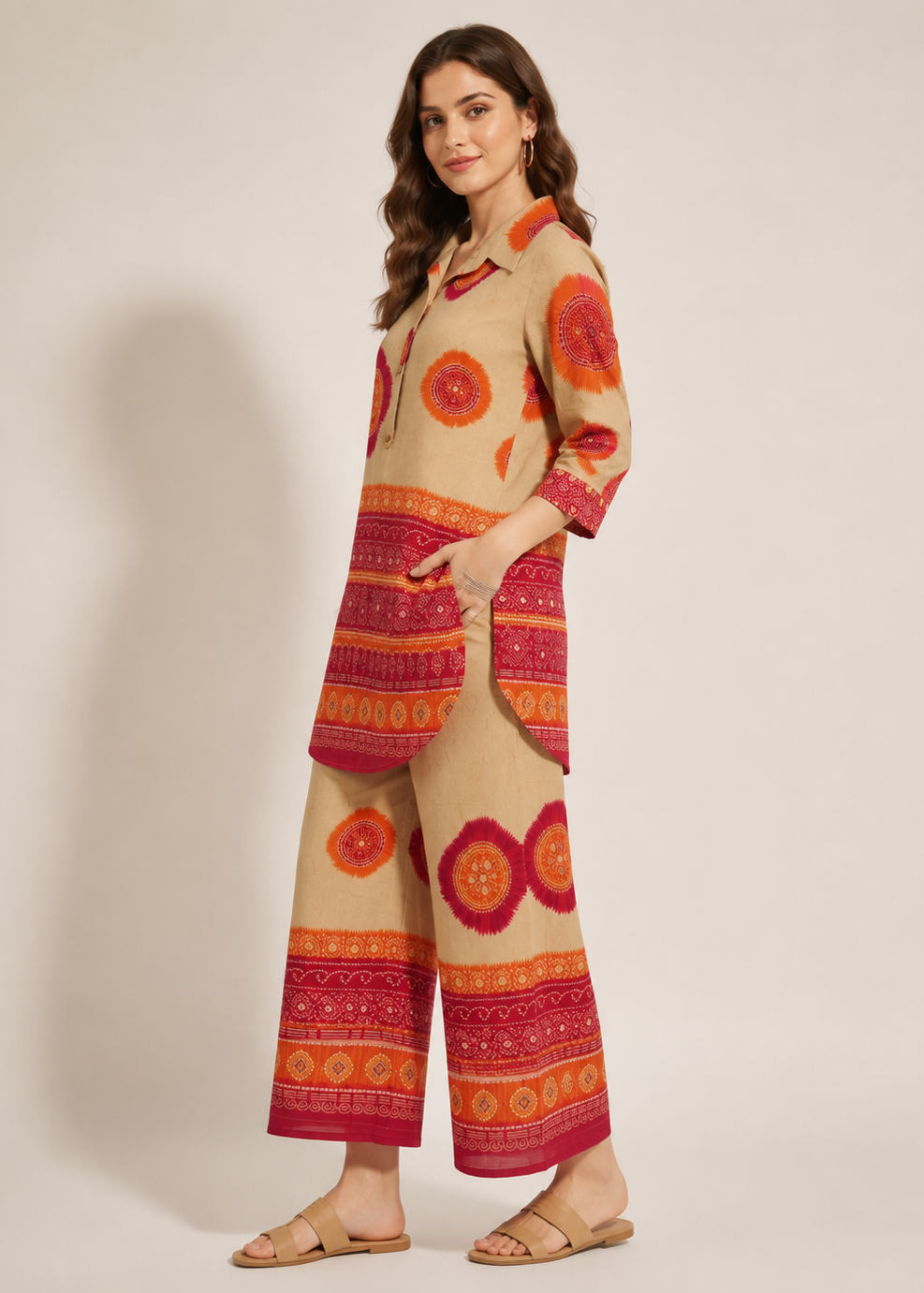 A woman modeling a beige two-piece set featuring a collared long-sleeve tunic and matching wide-leg pants, both decorated with vibrant orange and red bohemian-style circular and geometric patterns, set against a plain beige studio background.