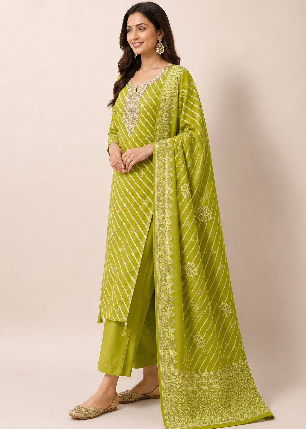 A woman models a lime green traditional Indian salwar kameez suit with matching dupatta. The set features white striped patterns, a printed kurta with white embroidery on the chest, and matching trousers, set against a solid beige studio background.