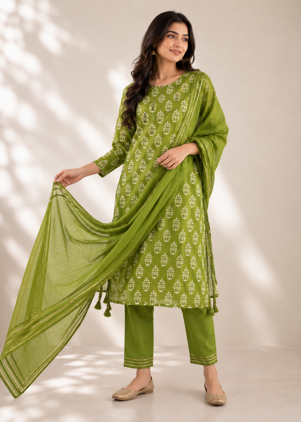 A woman models a three-piece olive green salwar kameez suit with white block prints and a matching dupatta, set against a warm beige background with soft leaf shadows.