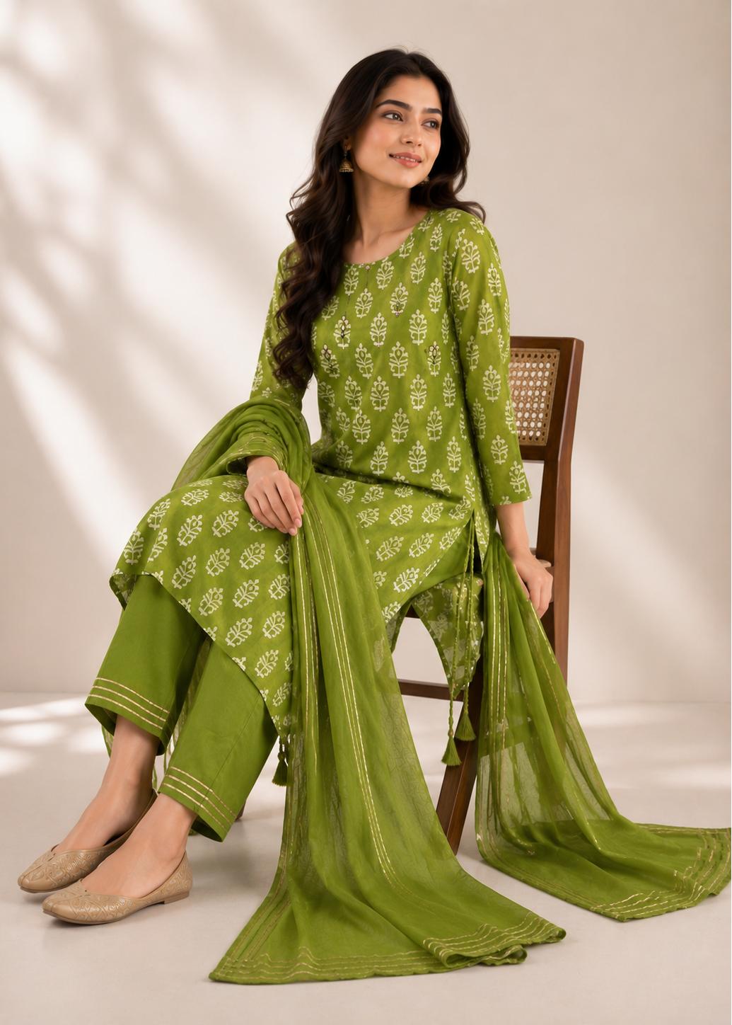 A woman models a three-piece olive green salwar kameez suit with white block prints and a matching sheer dupatta, sitting on a wooden chair against a warm beige background.