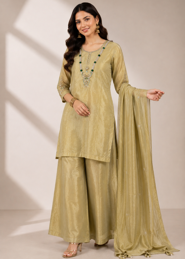 A woman models a traditional Indian salwar kameez suit in a light olive green or khaki-gold color, featuring a long kurta with embroidered neckline, matching wide-leg trousers, and a draped dupatta, set against a neutral studio backdrop with soft window shadow projections.