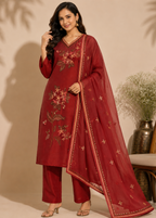 Maroon Malchanderi Floral Embroidered Kurta Set with Dupatta