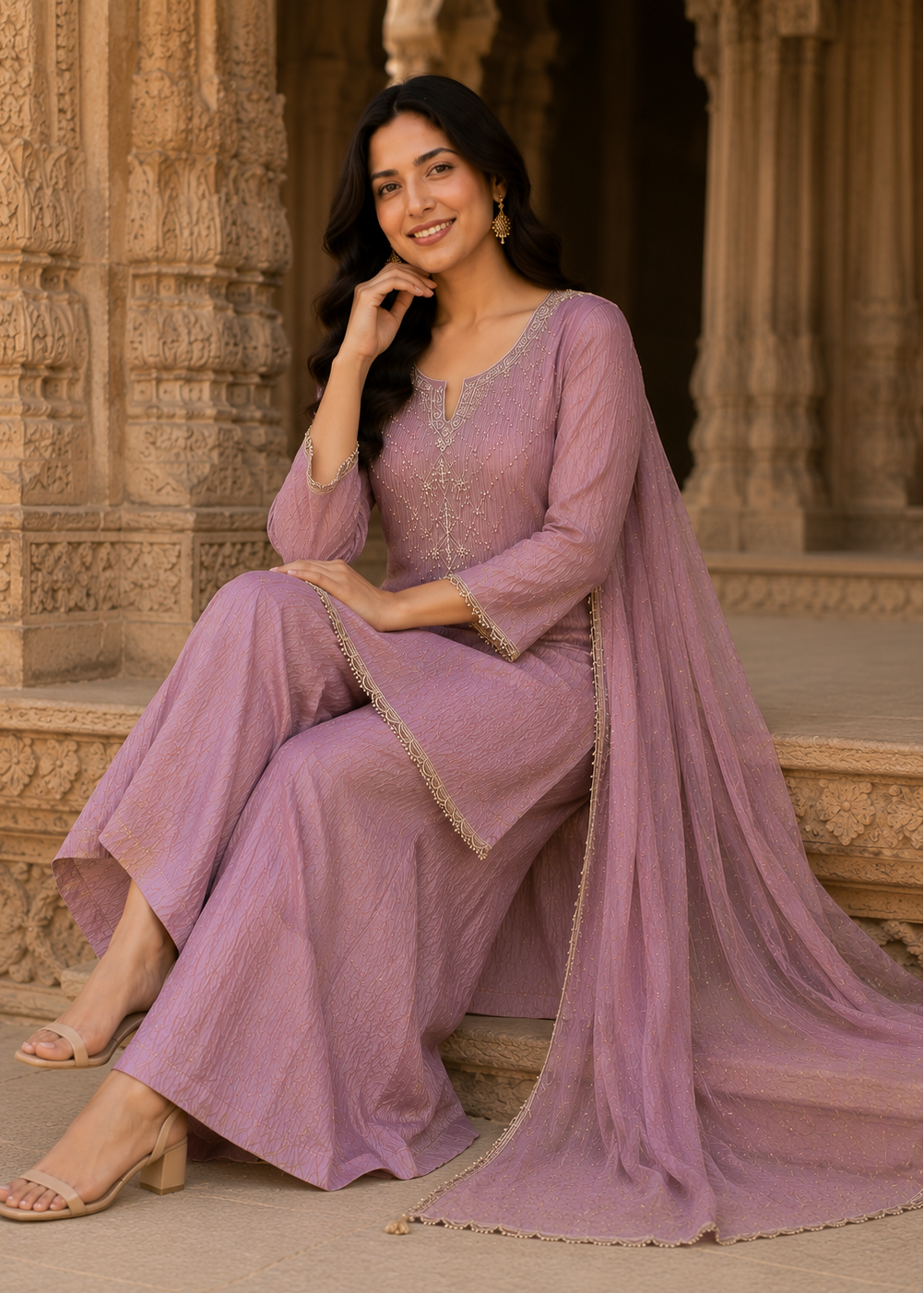 A woman wearing a lavender purple ethnic salwar kameez suit with gold embroidery and a matching dupatta, sitting on stone steps in front of ornate pillars.