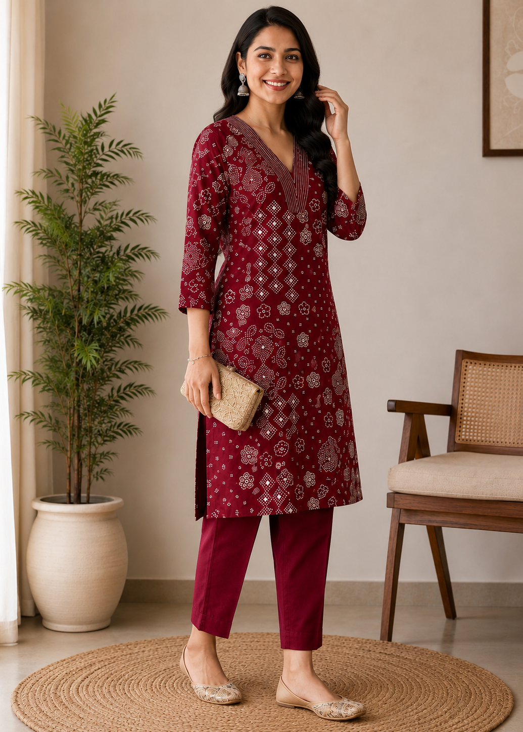 Maroon Printed Bandhez Kurta Pant Set for Women