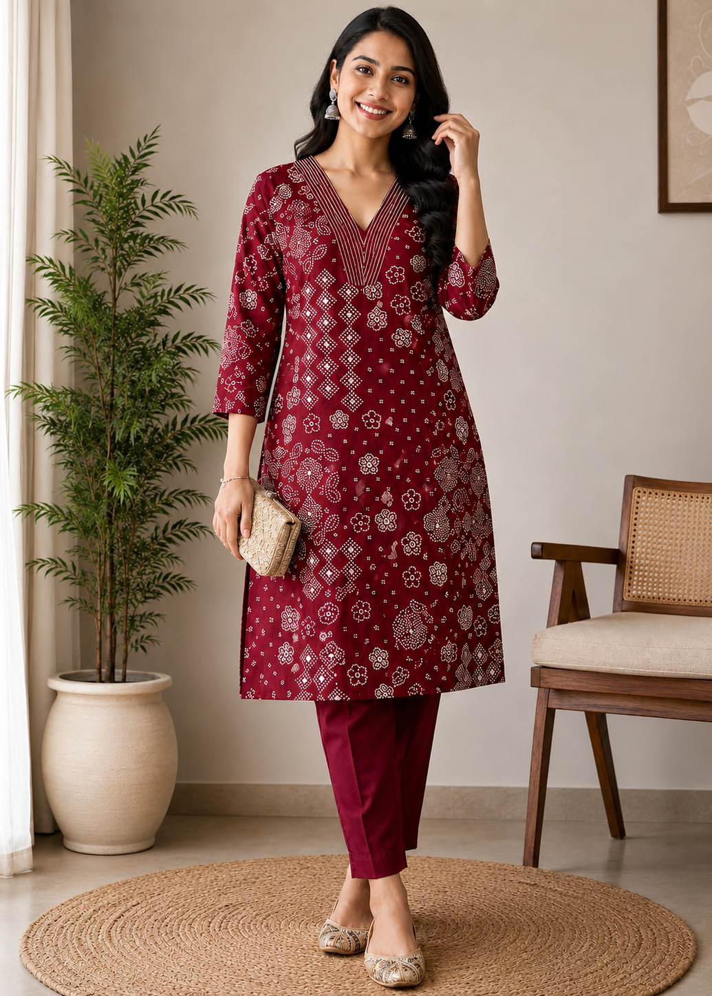 Maroon Printed Bandhez Kurta Pant Set for Women