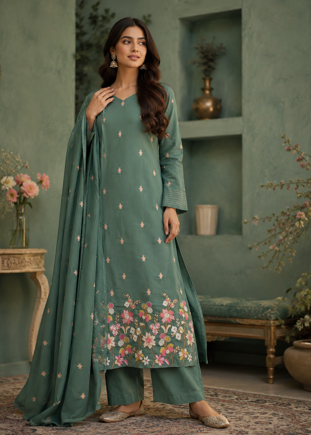 Zariah Sage Green Floral Embroidered Kurta Set With Dupatta
