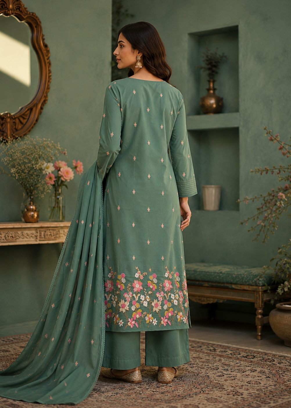 Zariah Sage Green Floral Embroidered Kurta Set With Dupatta