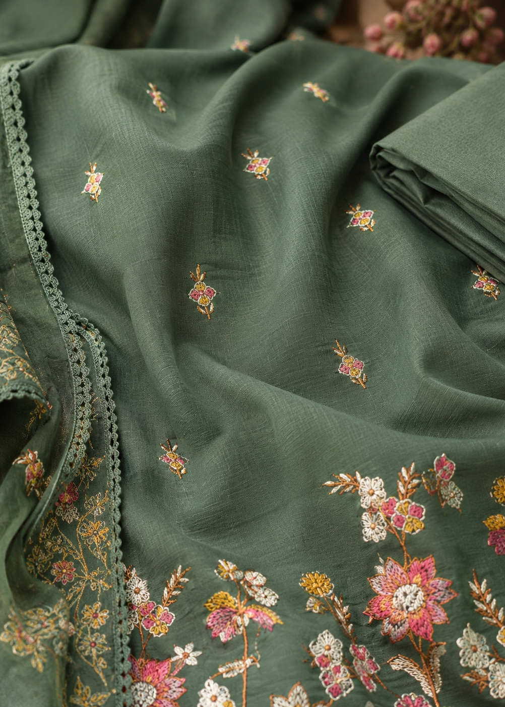 Zariah Sage Green Floral Embroidered Kurta Set With Dupatta