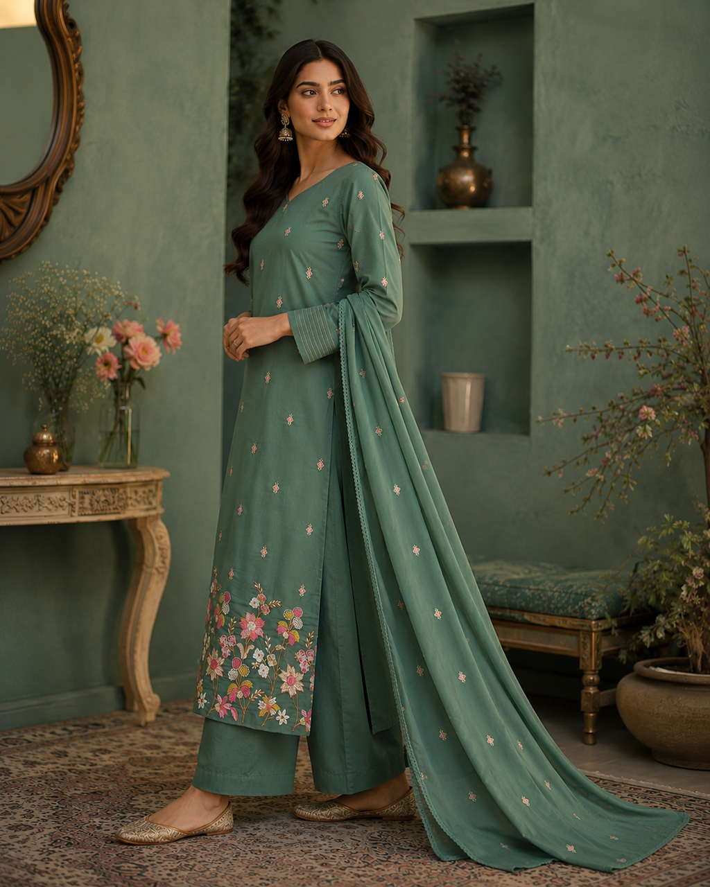 Woman in a teal traditional outfit with floral patterns in a decorative room.