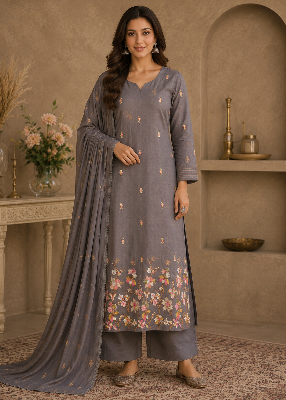 Meher Smoky Grey Floral Embroidered Kurta Set With Dupatta