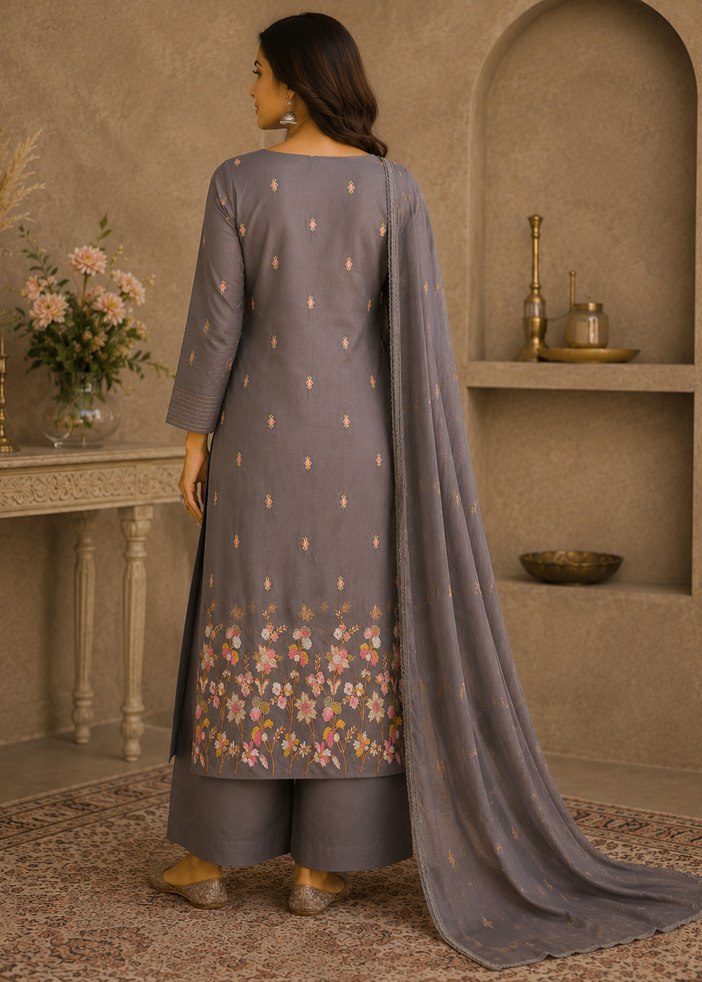 Meher Smoky Grey Floral Embroidered Kurta Set With Dupatta