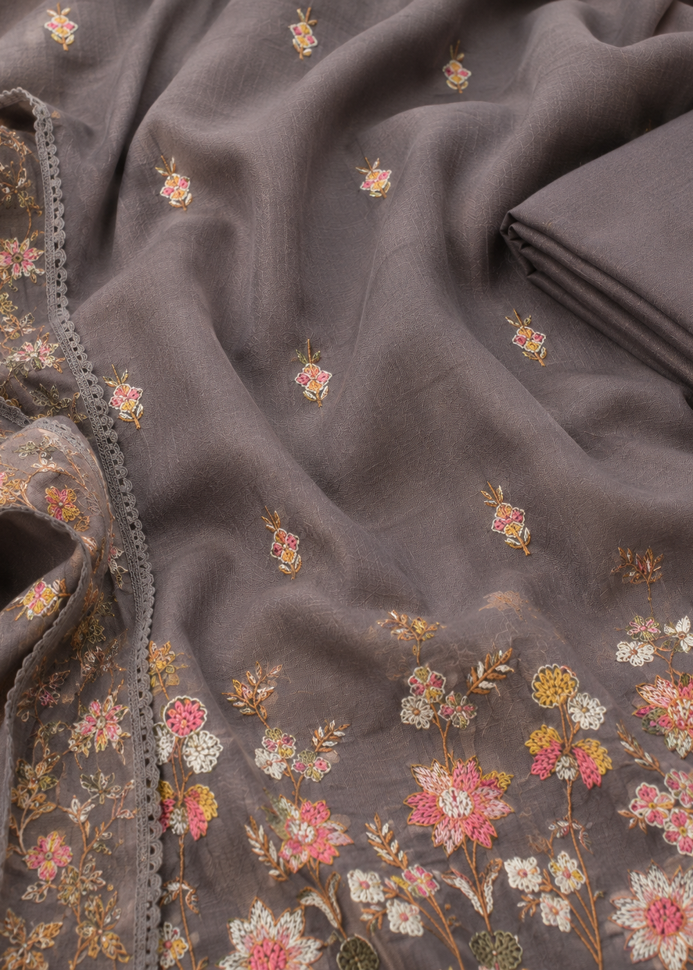Meher Smoky Grey Floral Embroidered Kurta Set With Dupatta