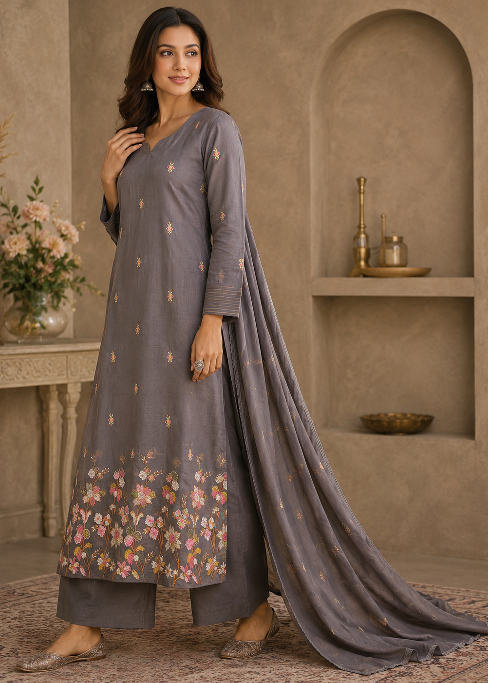Meher Smoky Grey Floral Embroidered Kurta Set With Dupatta