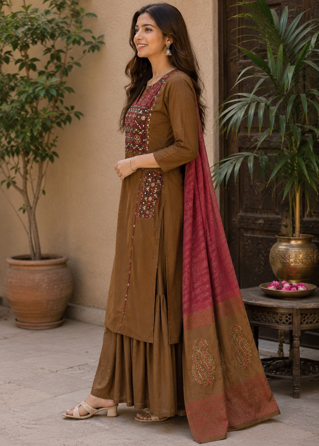 Noor-E-Zar Chocolate Brown Embroidered Kurta Sharara Set With Dupatta