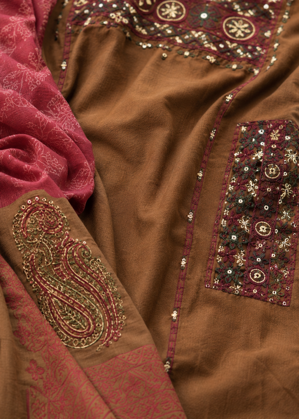 Noor-E-Zar Chocolate Brown Embroidered Kurta Sharara Set With Dupatta