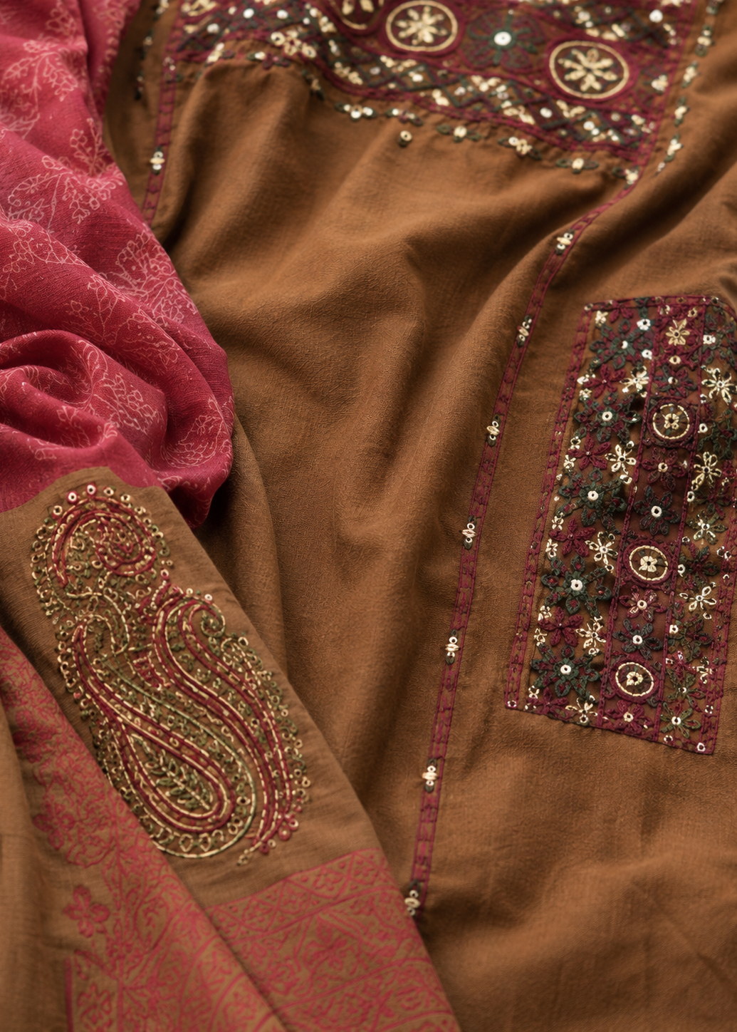 Noor-E-Zar Chocolate Brown Embroidered Kurta Sharara Set With Dupatta